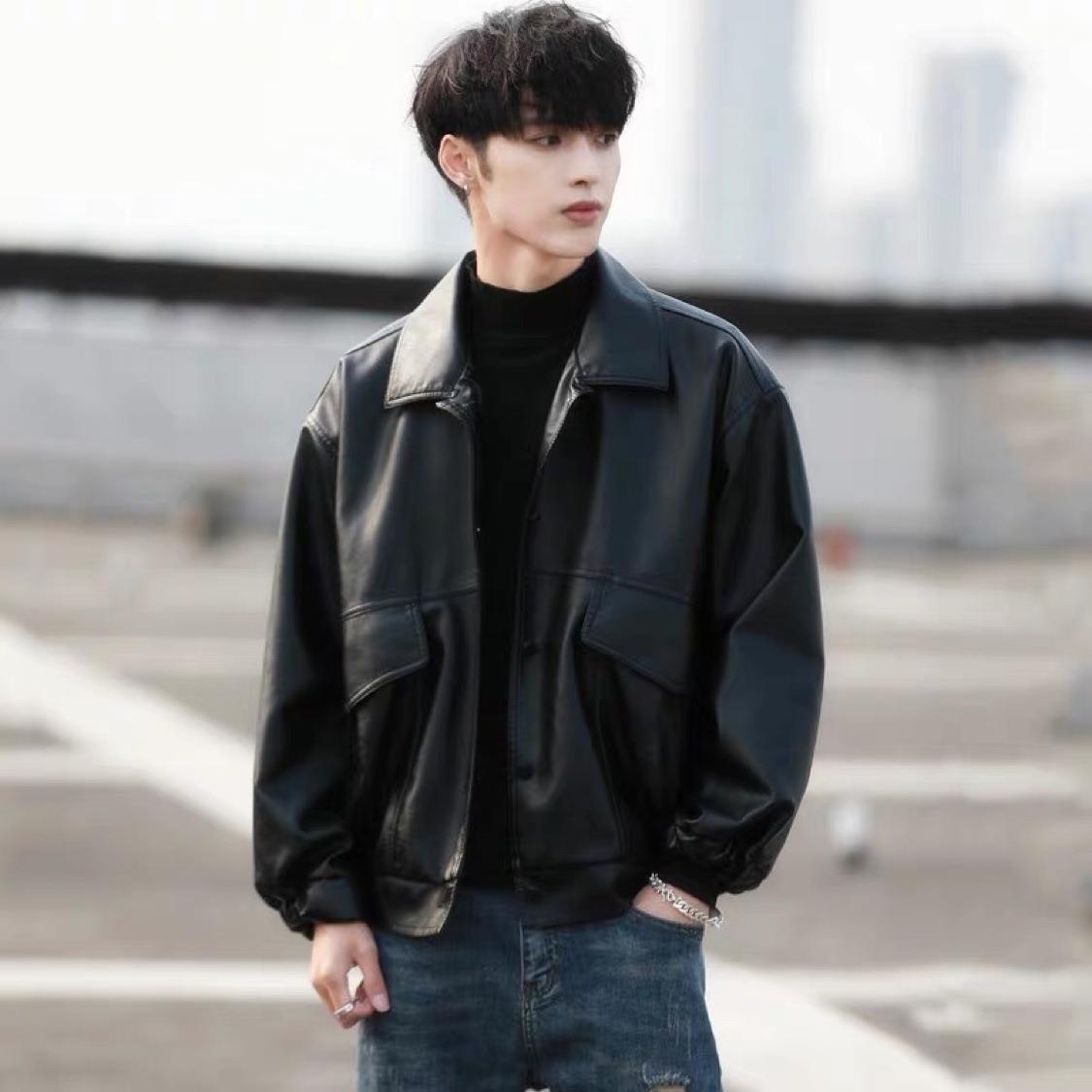 Fashionable Handsome Loose PU Leather Men's Bike Suit Aviator Leather Jacket Student Spring And Autumn Coat