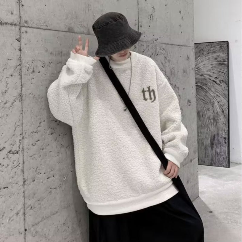 Fleece-lined Sweatshirt Men's Winter Inner Thickened Round Neck High School Top Trendy Brand Loose Teenager Lamb Wool Jacket