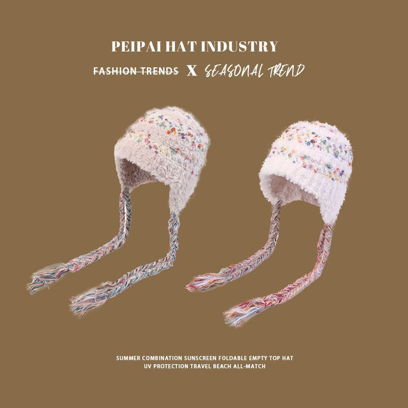 Autumn And Winter Warm Color Snowflake Velvet Hand-woven Lace-up Knitted Hat Women's Korean-style Cute Colored Yarn Plush Hat