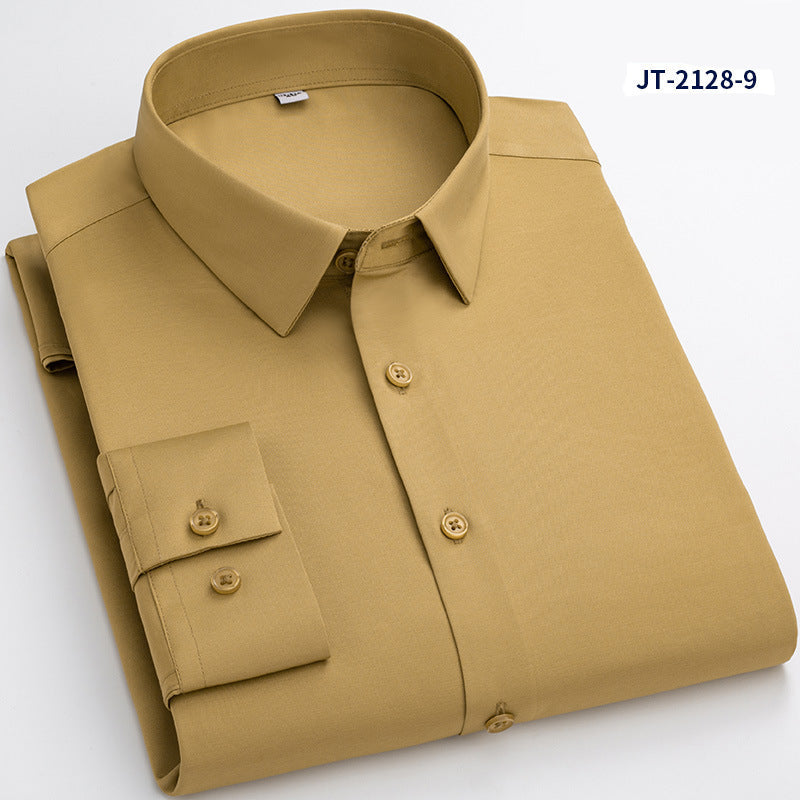 Premium stretch silk men’s long-sleeve button-up shirt in a solid white color, worn by a seated individual, showcasing smooth luxurious fabric and business-ready styling.