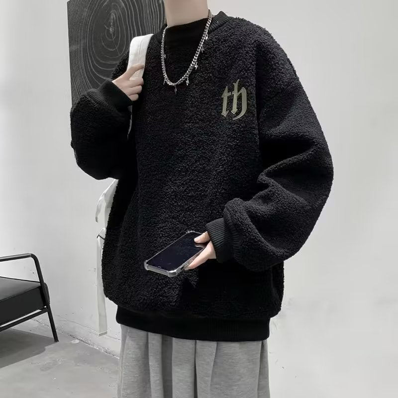 Fleece-lined Sweatshirt Men's Winter Inner Thickened Round Neck High School Top Trendy Brand Loose Teenager Lamb Wool Jacket