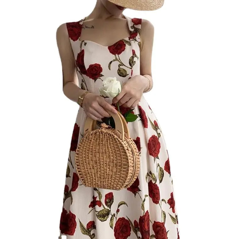 Francês Retrô Nicho Sobre o Joelho Saia Longa Cintura Fino Temperamento Alta Definição Luz Luxo Suspensórios Florais Vestido Feminino Verão