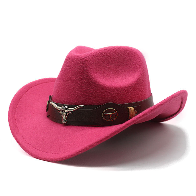 Top Hat Ethnic Style Bullmark Western Cowboy Top Hat Roll Brim Retro Horseback Riding Hat Wool Felt Hat