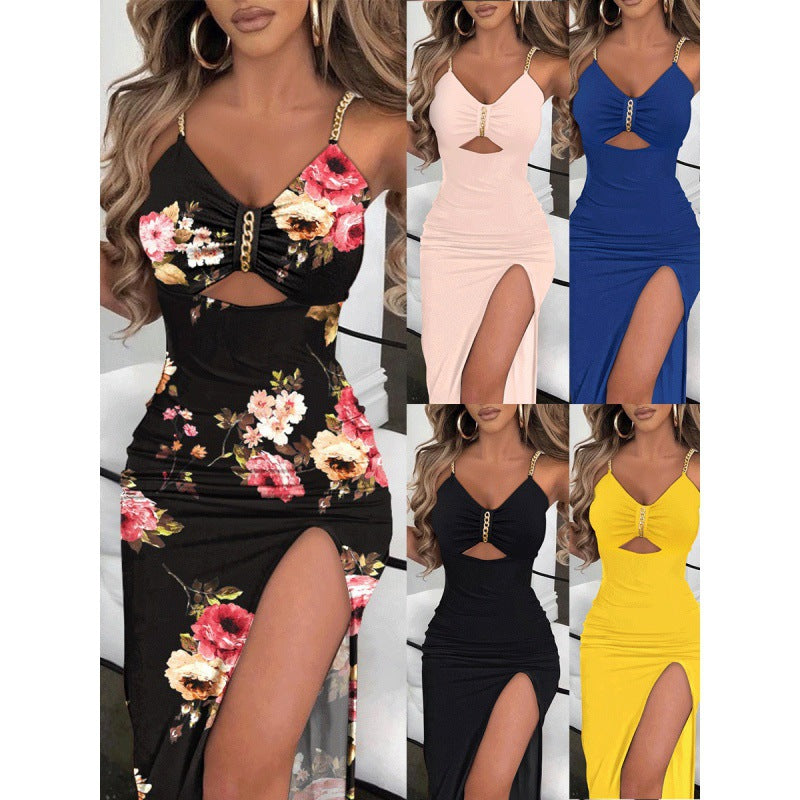 8076 European And American Autumn Clothes AliExpress Independent Station Skirt Women's Chain Shoulder Straps Slit Suspender Dress Women