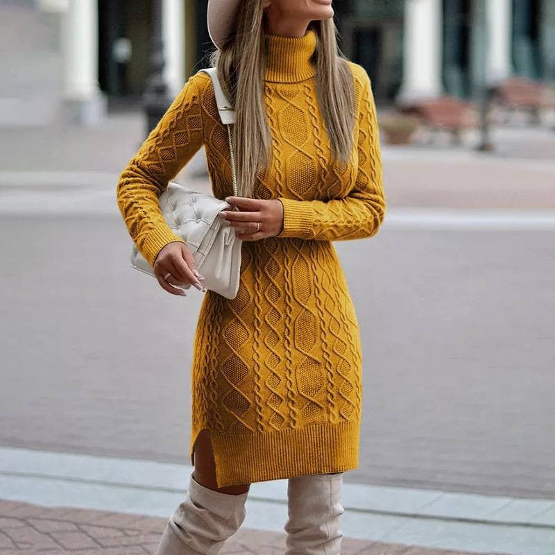 Long Sleeve Knitted Turtleneck Twist Dress with Slits