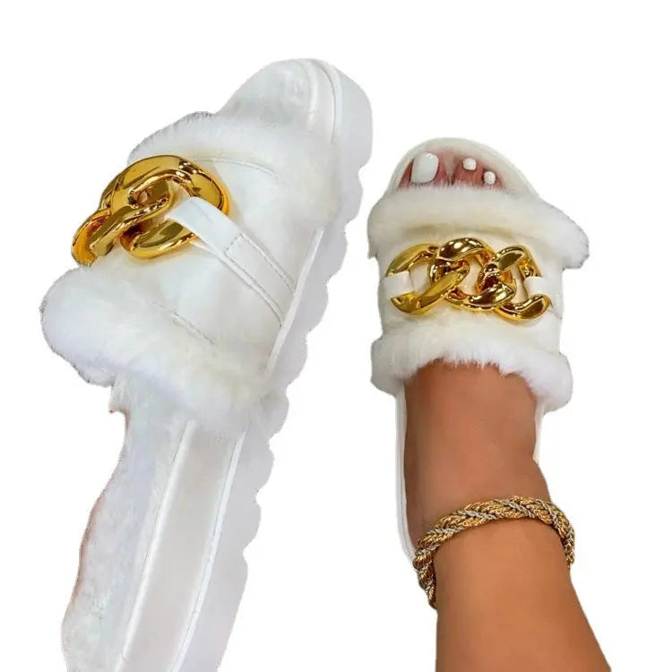 AliExpress Independent Station Foreign Trade Wool Slippers Medium Heel Round Toe Metal Chain Wool Shoes Women Winter Outerwear Black Slippers