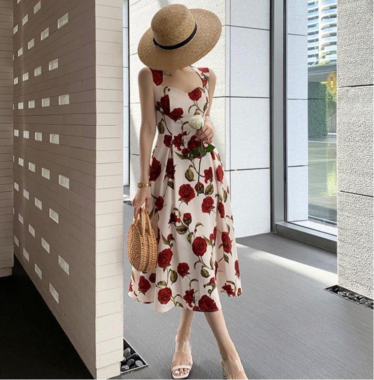 Francês Retrô Nicho Sobre o Joelho Saia Longa Cintura Fino Temperamento Alta Definição Luz Luxo Suspensórios Florais Vestido Feminino Verão
