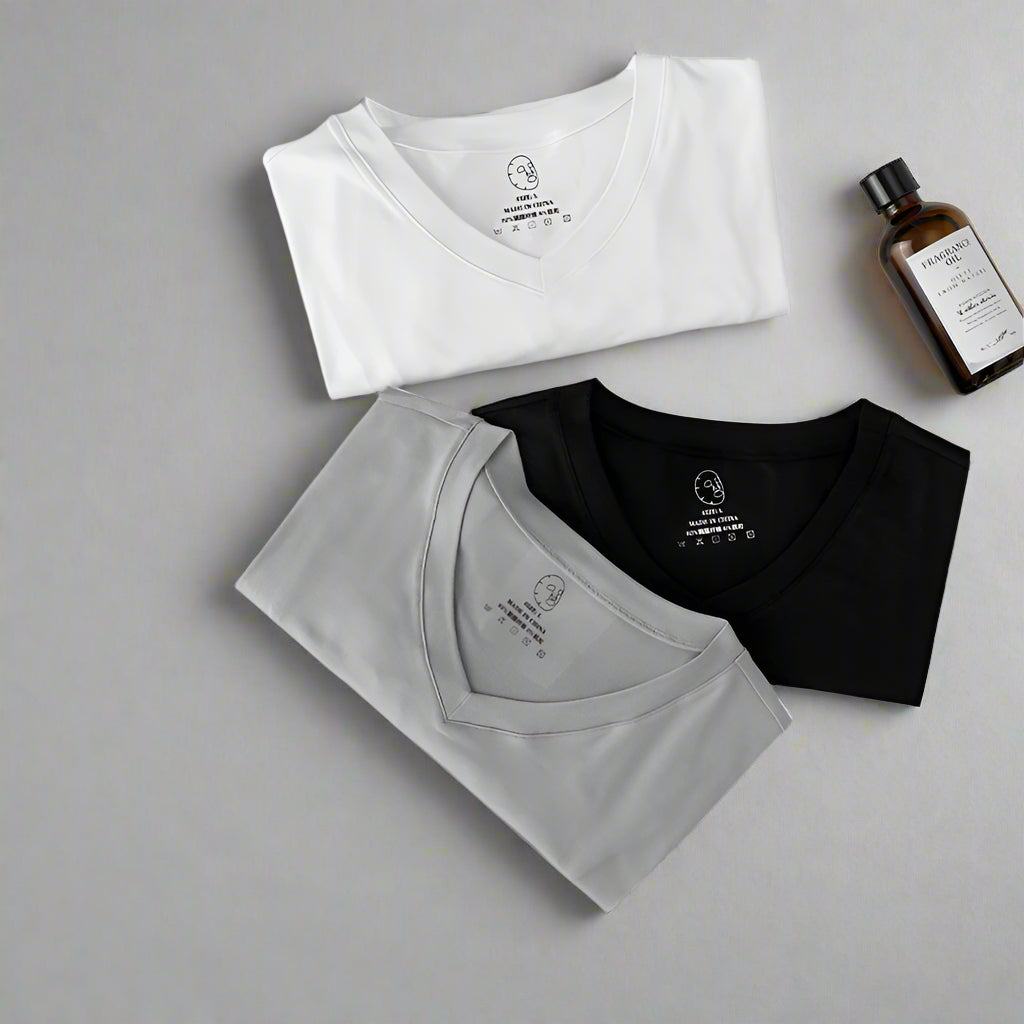 Summer Short-sleeved T-shirt Men's Black, White And Gray V-neck Three-piece Milk Silk Cloud Solid Color Casual Half-sleeve Top