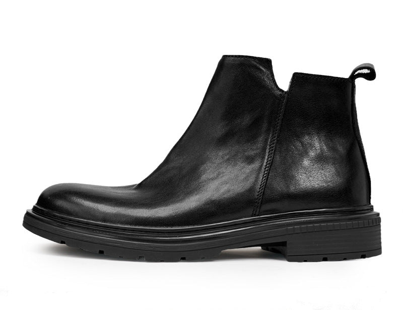 Men's Genuine Leather Autumn And Winter Round Toe Thick-soled Martin Boots Retro Chelsea Boots Zipper Motorcycle Trend Versatile Leather Boots