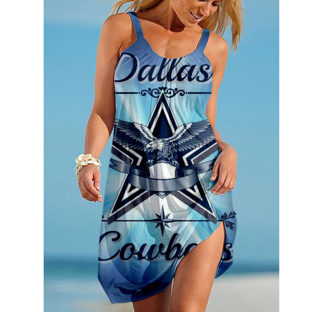2021 European And American Cross-border Urban Women's Casual Sexy 3D Digital Printing NFL Mid-waist Suspender Dress