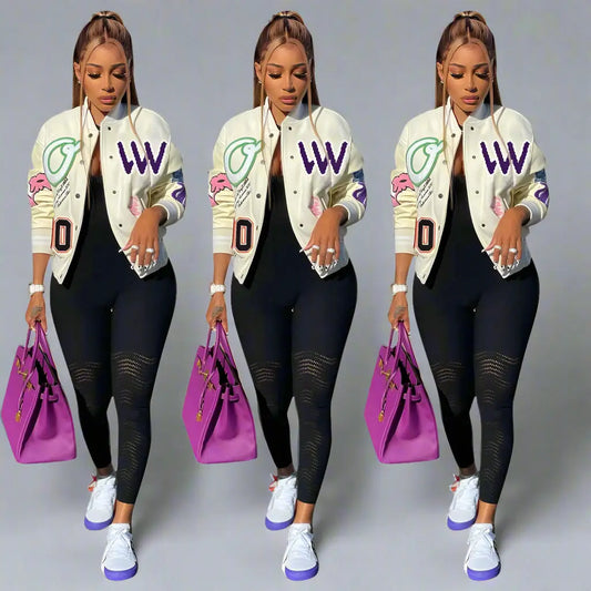 N9082I European And American Women's Autumn And Winter New Color Matching Press Button Fashion Printing Double-layer Thread Baseball Jacket