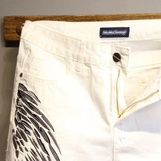 Dongdaemun Personality Angel Wings Embroidery Slim White Denim Shorts Men's All-match Fashion Five-point Pants