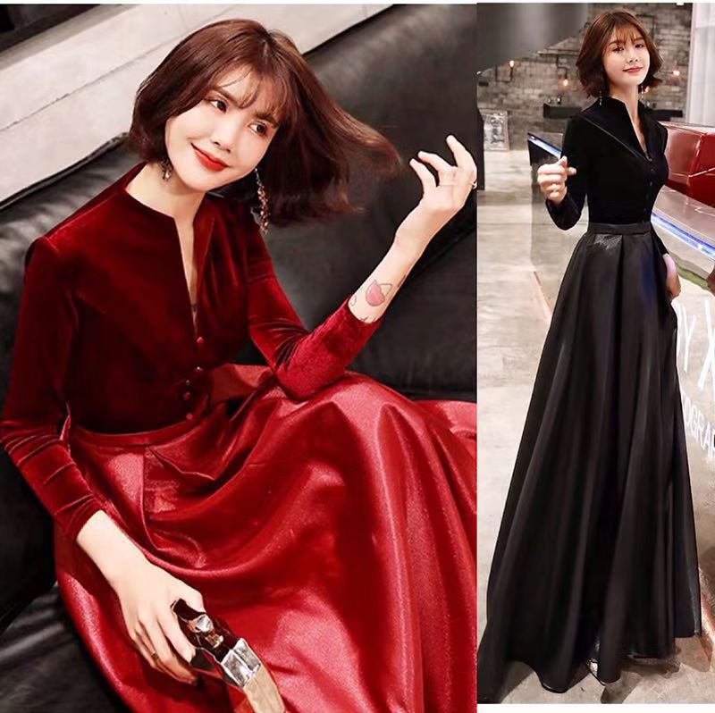 Elegant Velvet & Satin Maxi Dress - Long Sleeve Formal Evening Gown