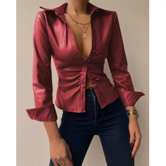 2023 Independent Station Wish Amazon Hot Style Autumn Long-sleeved V-neck Splicing Women's Shirt Shirt