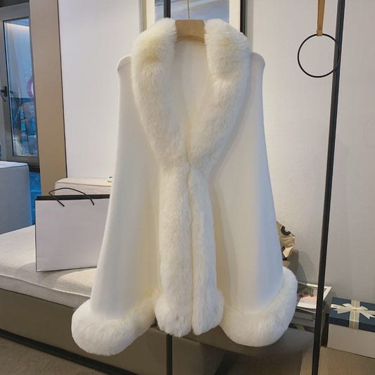 Autumn And Winter New Gentle Elegant Woolen Cloak Shawl Solid Color Imitation Rex Rabbit Fur Women's Large Size Knitted Cardigan Jacket