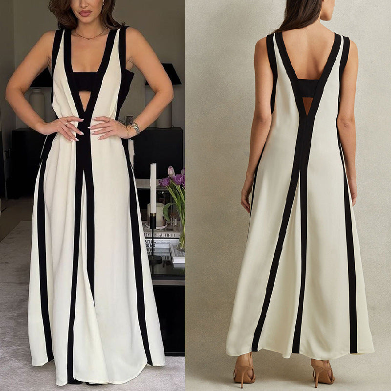 Cross-border Foreign Trade Independent Station Amazon 2024 New European And American Sexy Double-sided Wear V-neck Contrast Color Leisure Dress