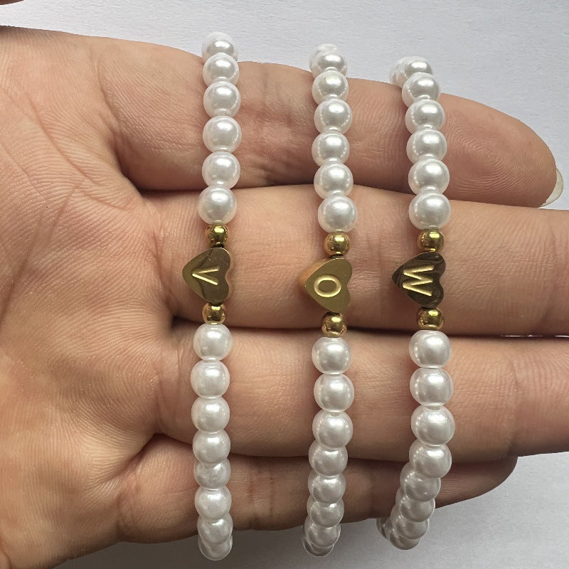 Amazon Popular Fashion Pearl A- Z Bracelet Bracelet Cross-border Hot Sale Love Gold Letter Peach Heart Bracelet For Women