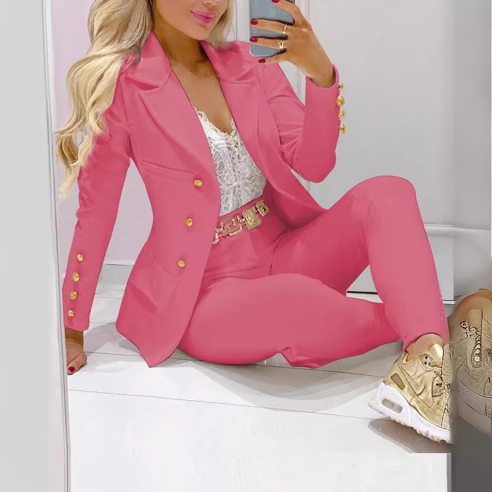 2024 Cross-border Autumn And Winter Hot Amazon European And American Fashion Printing Long Sleeve Casual Small Suit Pants Suit
