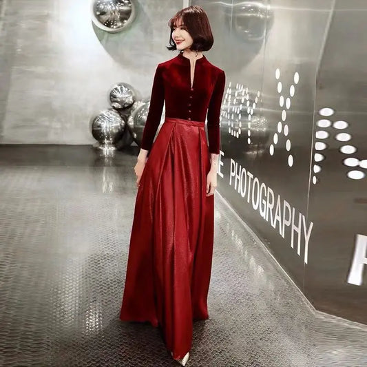 Elegant Velvet & Satin Maxi Dress - Long Sleeve Formal Evening Gown