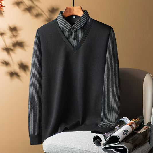 Autumn And Winter New Fake Two-Piece Shirt Men's Warm Top One-Piece Velvet Thickeneded Middle-Aged And Elderly Knitted Knitwear