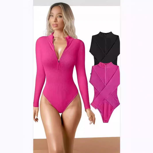 Long-sleeved Romper Sexy Ribbed Romper Front Zipper Long-sleeved Top Romper