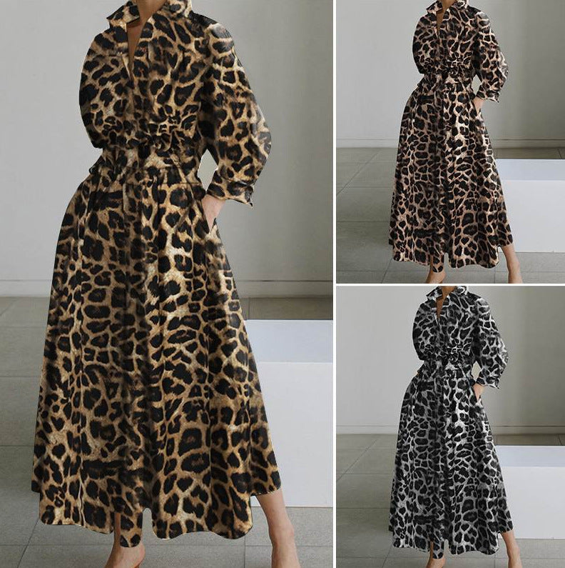 Elegant Long Sleeve Shirt Dress with Pockets - Maxi Waist Tie Dress Plus Size