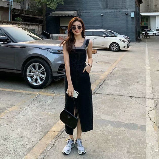 Women's Spring And Autumn New Korean-style Loose Retro Slimming Mid-length Slit Slip Skirt Denim Dress Small