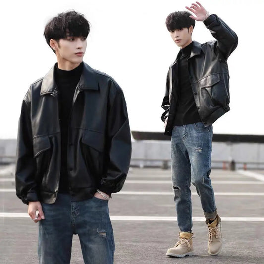 Fashionable Handsome Loose PU Leather Men's Bike Suit Aviator Leather Jacket Student Spring And Autumn Coat