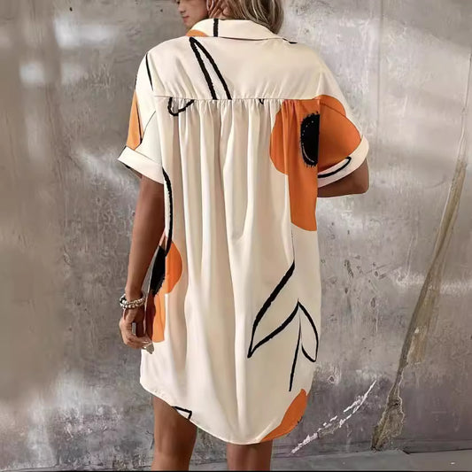 New Summer Large Size Women's Printed Pleated Loose Shirt Skirt