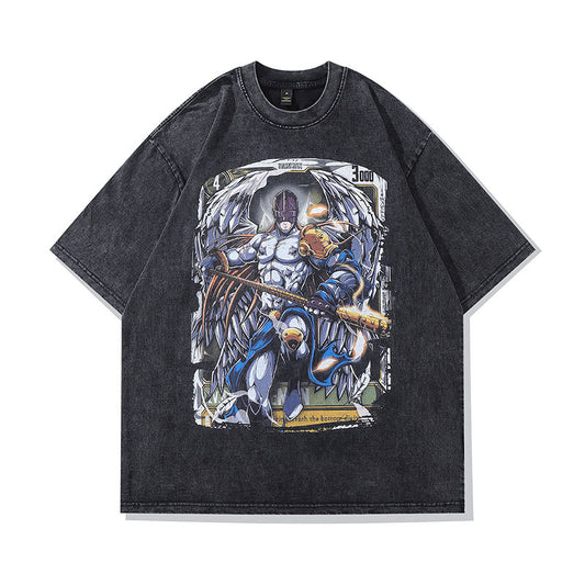 Harajuku Japanese Style Cartoon Animation Printed Street Trendy Brand Heavy Washing Half Sleeve T-Shirt Ins Casual Short Sleeve Men