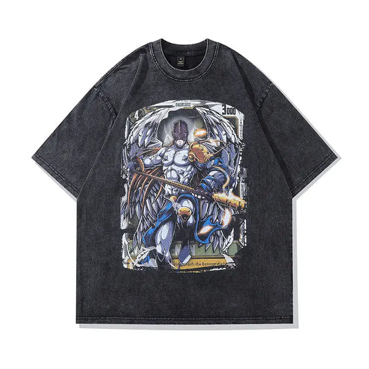 Harajuku Japanese Style Cartoon Animation Printed Street Trendy Brand Heavy Washing Half Sleeve T-Shirt Ins Casual Short Sleeve Men