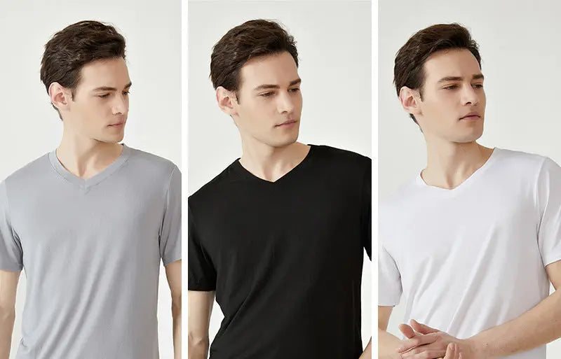 Summer Short-sleeved T-shirt Men's Black, White And Gray V-neck Three-piece Milk Silk Cloud Solid Color Casual Half-sleeve Top