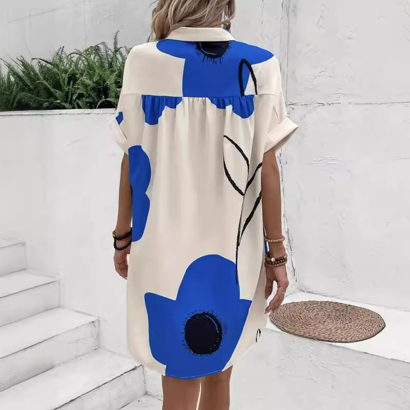 New Summer Large Size Women's Printed Pleated Loose Shirt Skirt