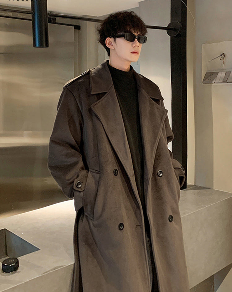 XHHX Retro Double-breasted Woolen Coat For Men In Winter Thickened Mid-length British Style Large Size Trendy Brand Woolen Coat