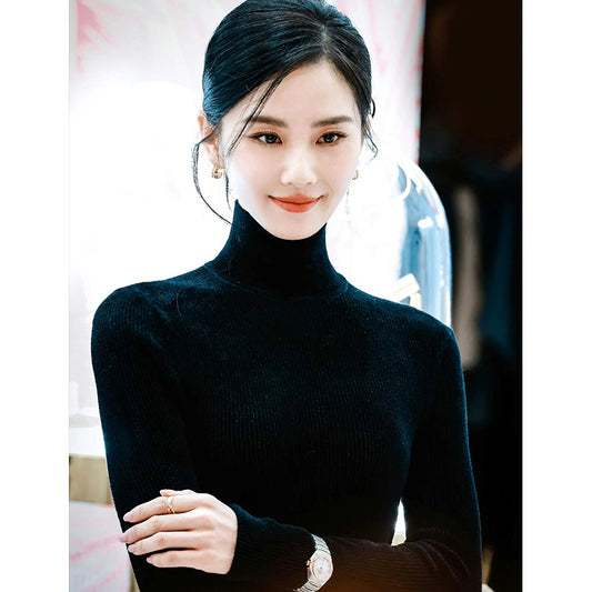 Liu Shishi With Black Turtleneck Sweater Women's Autumn And Winter New Long Sleeve Tight Bottoming Shirt Slim Top
