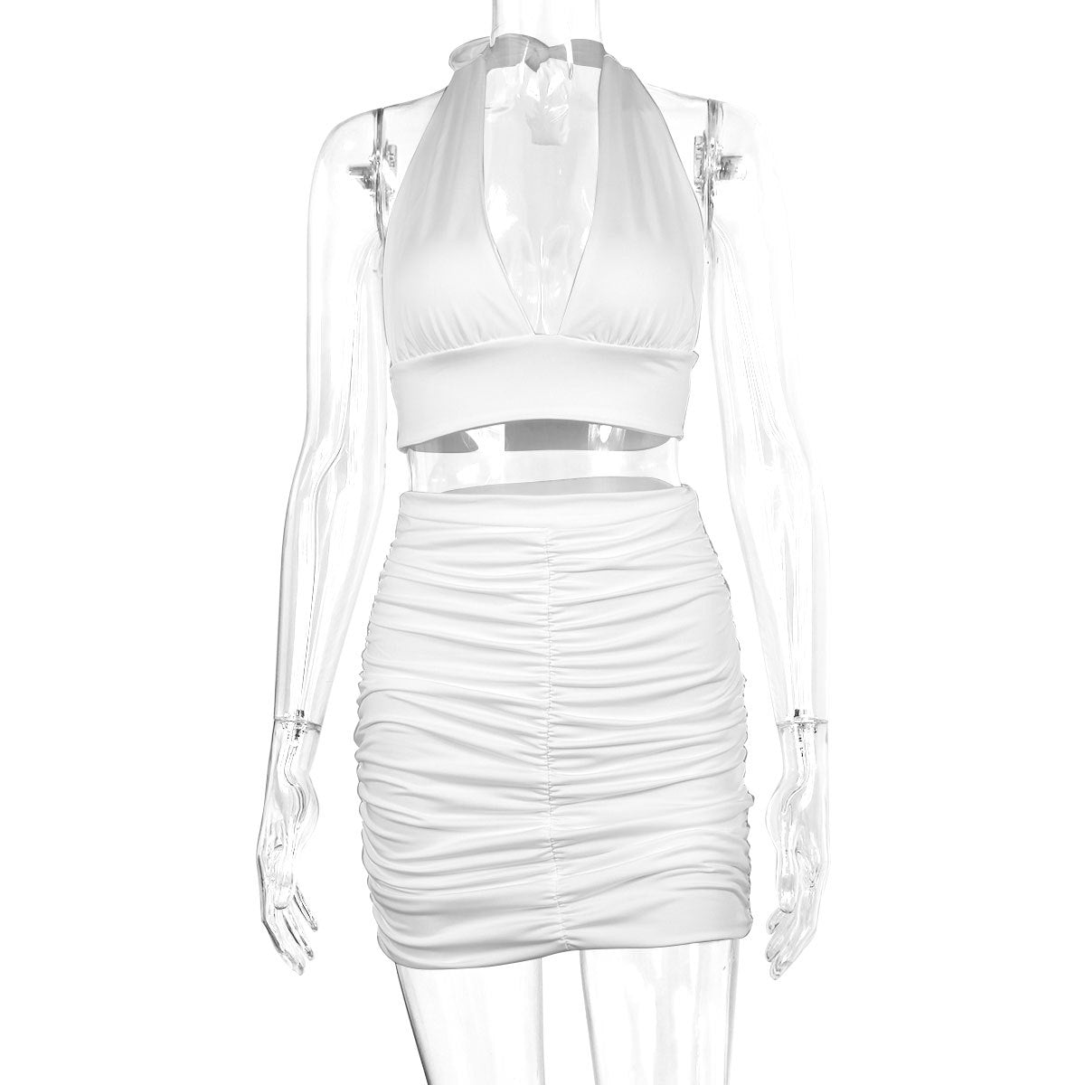 Women's Two-piece Halterneck Tie Wrap Hip Skirt Sexy Umbilical Exposed Pleated V-neck Suspender Skirt