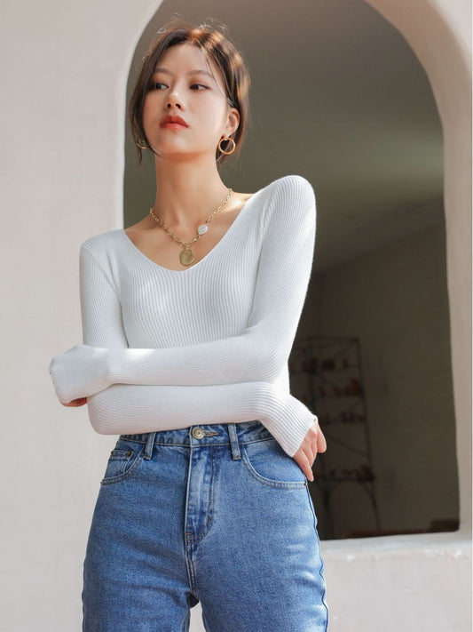 TikTok White V-neck Base Shirt Women's Spring, Autumn And Winter Korean Style Foreign Style Knitted Shirt All-match Slim-fit Women's Needle