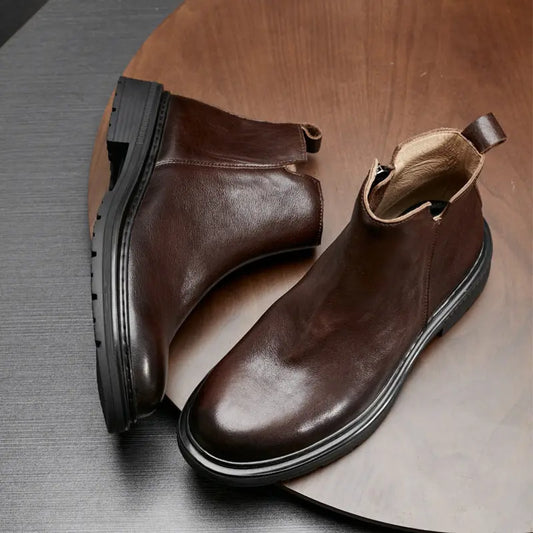 Men's Genuine Leather Autumn And Winter Round Toe Thick-soled Martin Boots Retro Chelsea Boots Zipper Motorcycle Trend Versatile Leather Boots