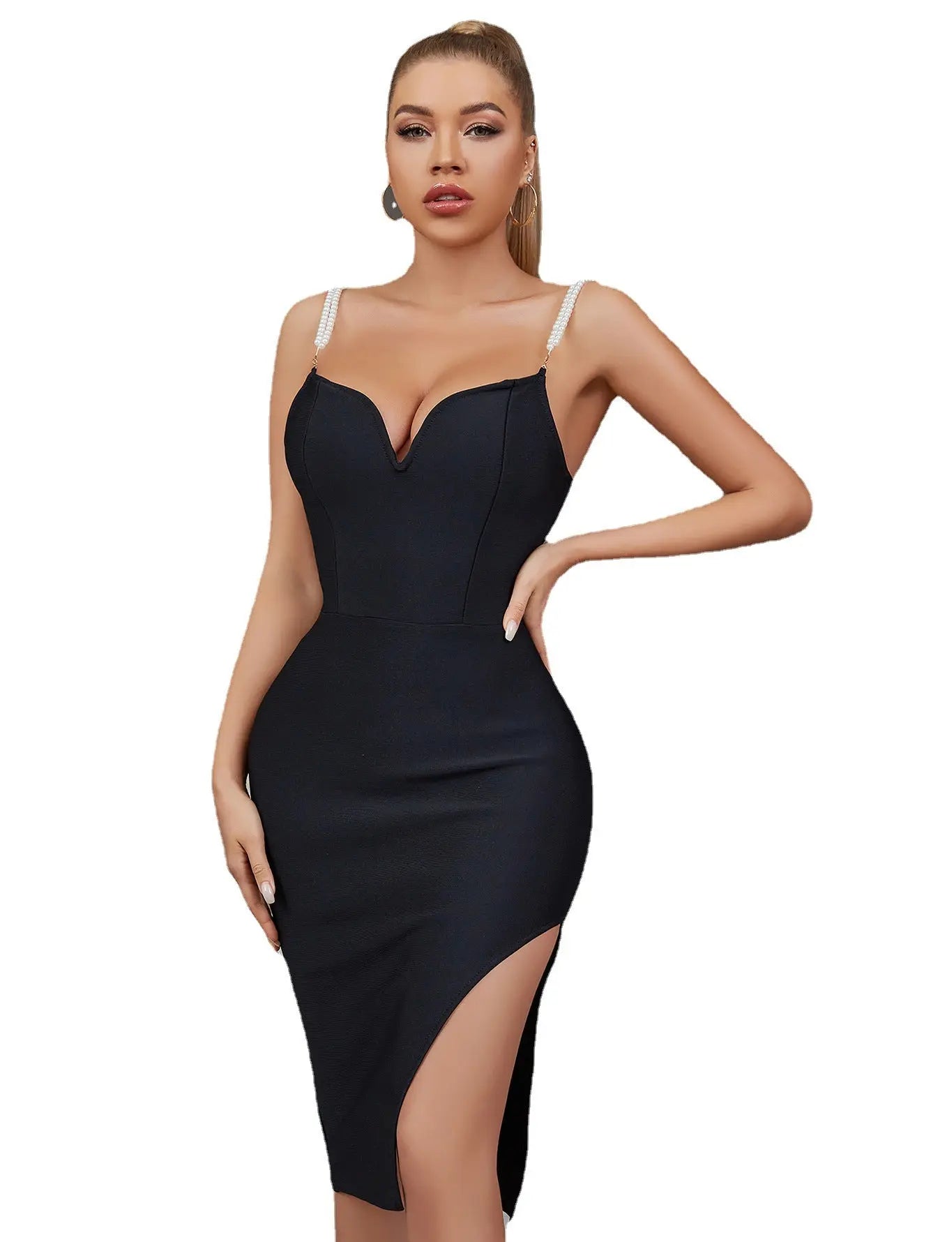 New Sexy Black Dress Elegant Pearl Sling Tube Top Slim Party Ladies Dress