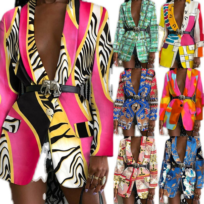 2021 European And American Autumn New Wish AliExpress Fashion Printed Shawl Collar Single-breasted Belt Suit Jacket For Women