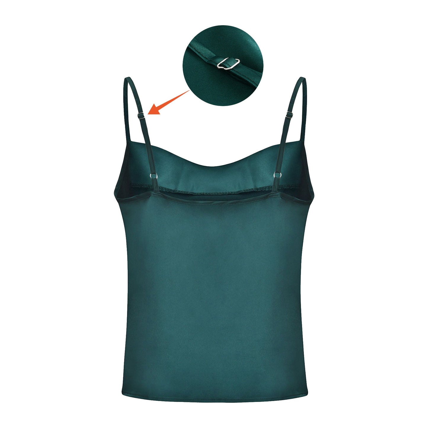 Woman wearing a military green satin camisole top, styled with a light blue denim skirt, holding a branch with green leaves—modern, elegant, and perfect for casual or dressy looks.