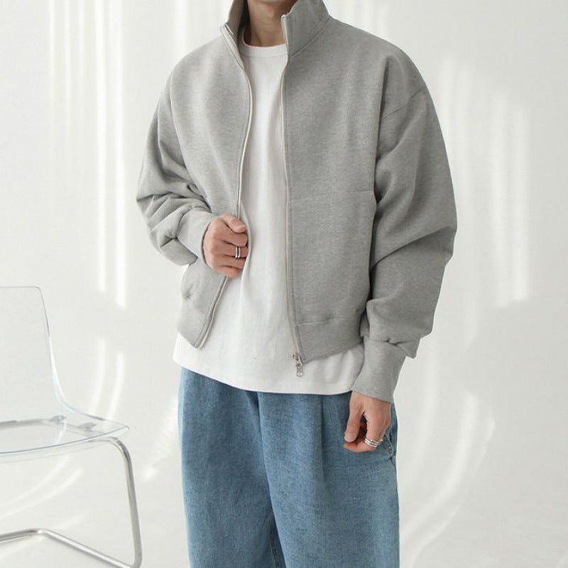 MYQ Solid Color Cardigan Sweater Men's Spring New Stand Collar Coat Korean Style Loose Casual Cotton Top