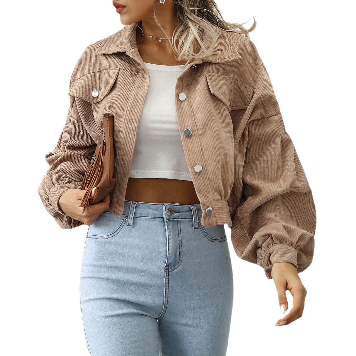Amazon 2023 European And American Autumn And Winter Casual Lapel Corduroy Jacket Lantern Sleeve Single Breasted Short Jacket Women's Clothing