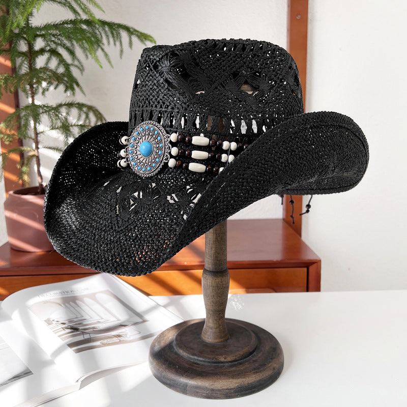 Hollow Straw Knight Hat Women's Summer National Style Sunscreen Sun Hat Western Cowboy Straw Hat Men's Mountaineering Sun Visor Hat