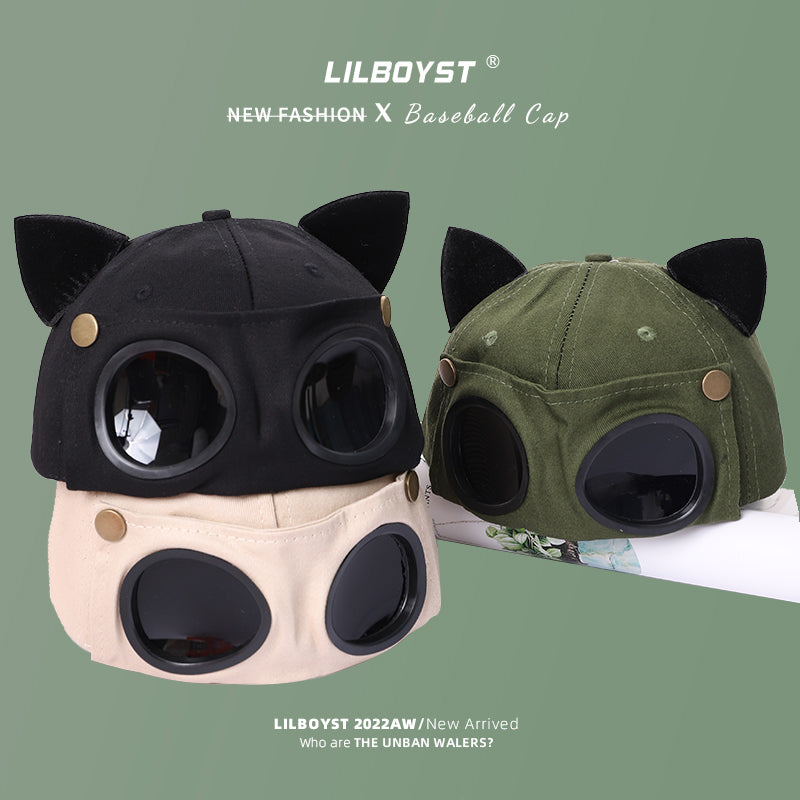 Cute Cat Ears Pilot Hat Glasses Baseball Cap Women's Sunglasses Peaked Cap Men's Big Head Wai Trendy Brand