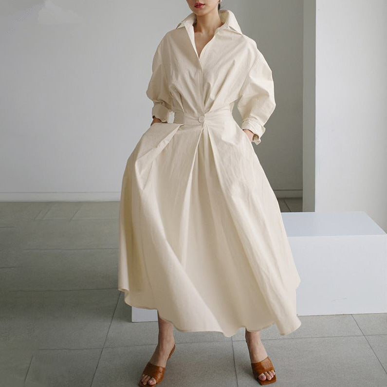 Elegant Long Sleeve Shirt Dress with Pockets - Maxi Waist Tie Dress Plus Size
