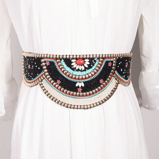 Ethnic Style Beads Suede Bottom PU Waist Belt Pure Handmade Bohemian Style Elastic Wide Waist Belt Ladies Elegant Color Shelllls