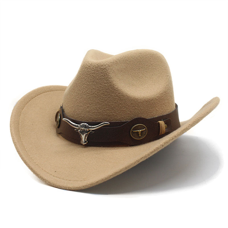 Top Hat Ethnic Style Bullmark Western Cowboy Top Hat Roll Brim Retro Horseback Riding Hat Wool Felt Hat