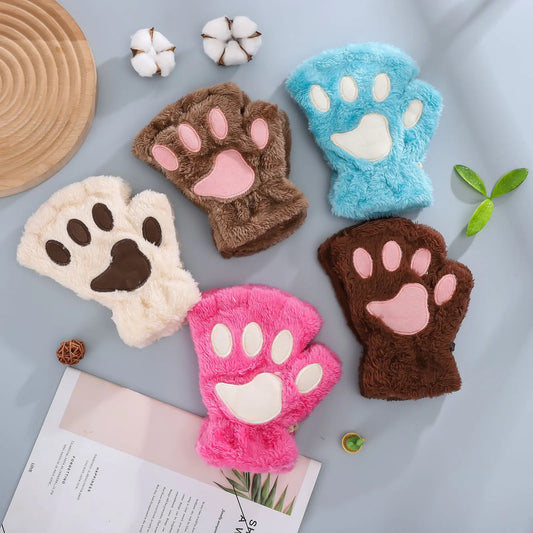 Cat Claw Gloves For Women Winter Korean Style Cute Girls Fingerless Thickened Warm Bear Paw Plush Half Finger Gloves