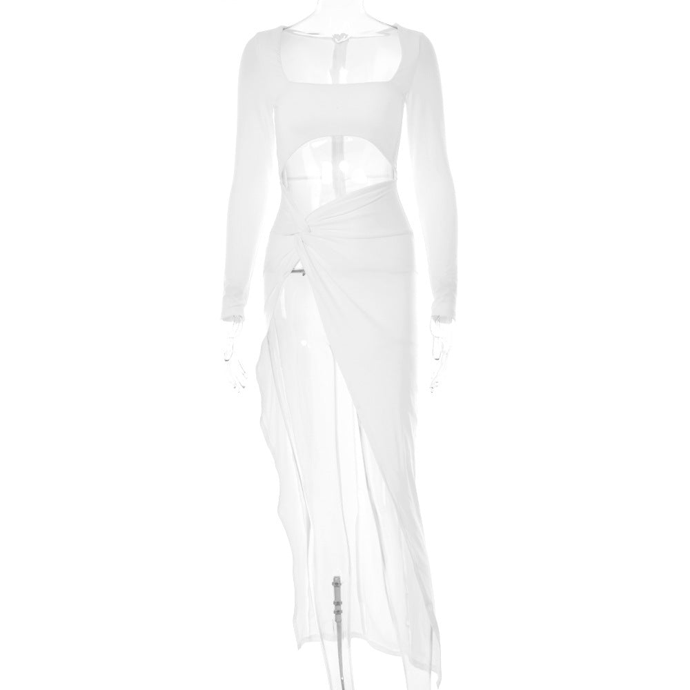 Women's Sexy High Slit Hollow Long Skirt Long-sleeved Dress
